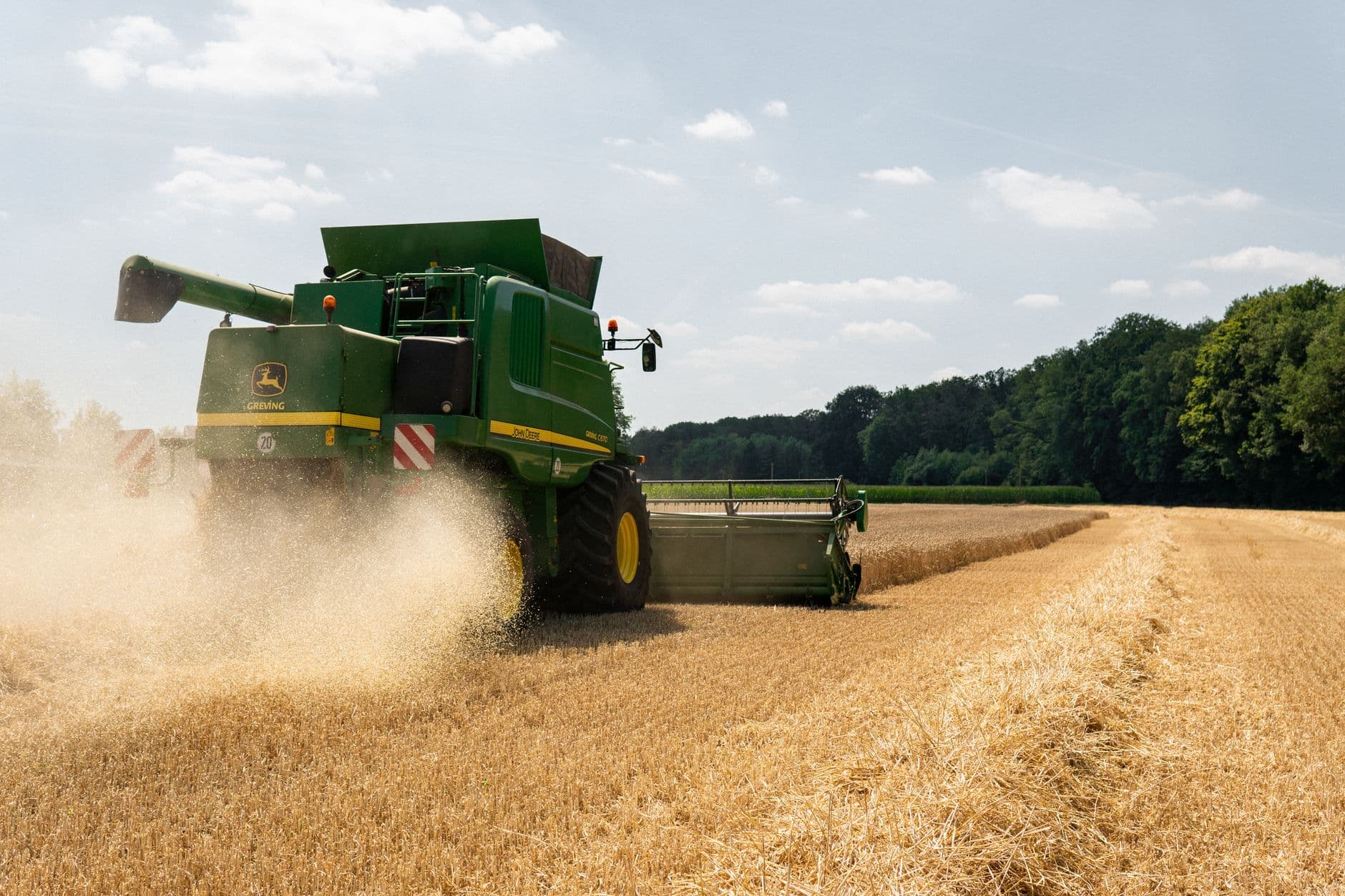 A green combine harvester works on a wheat field in Gescher, NRW.